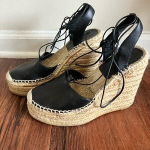Saint Laurent Black Leather Wedge Espadrilles sz 7